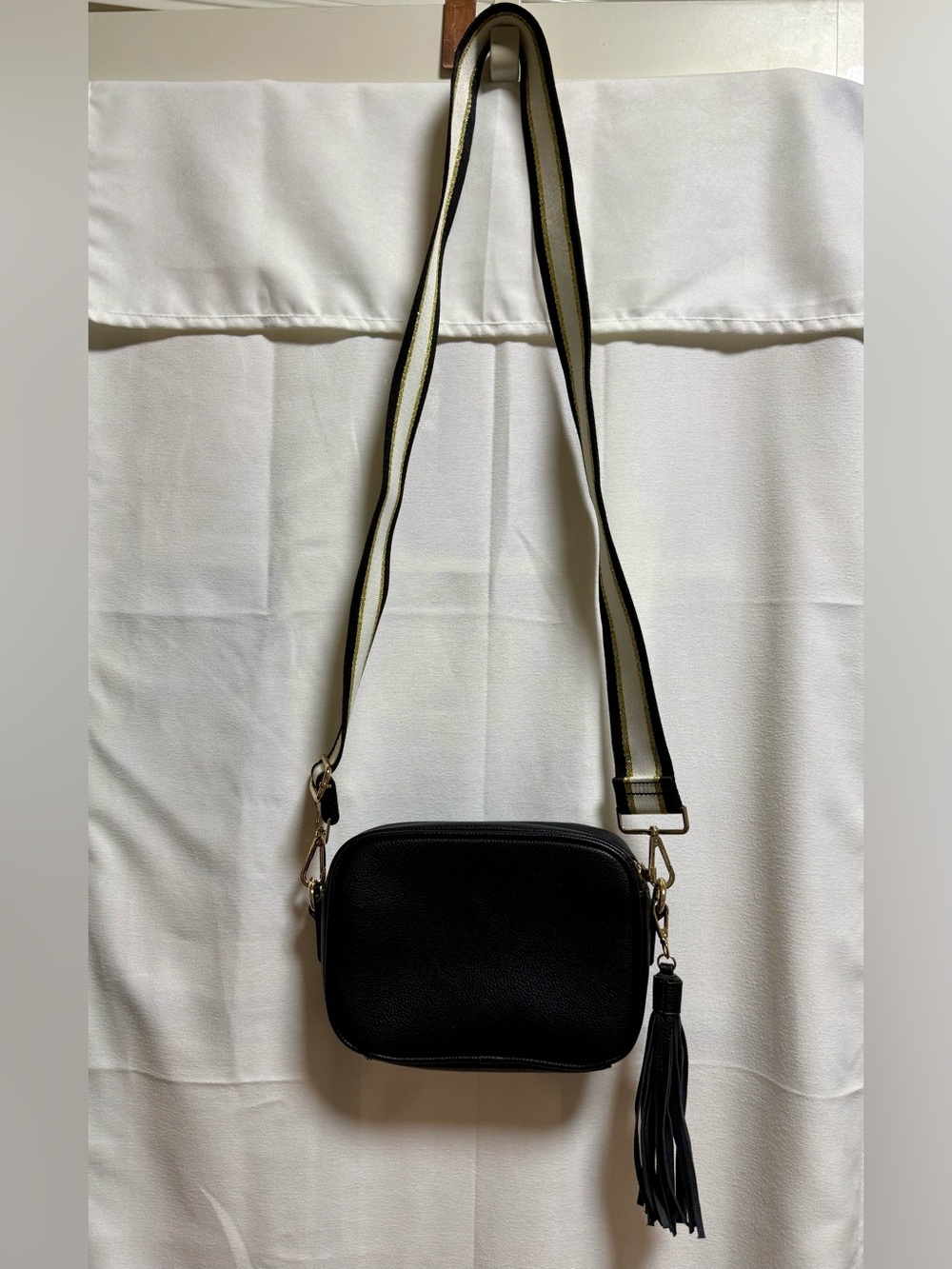 Black Crossbody Camera Bag with Striped Strap